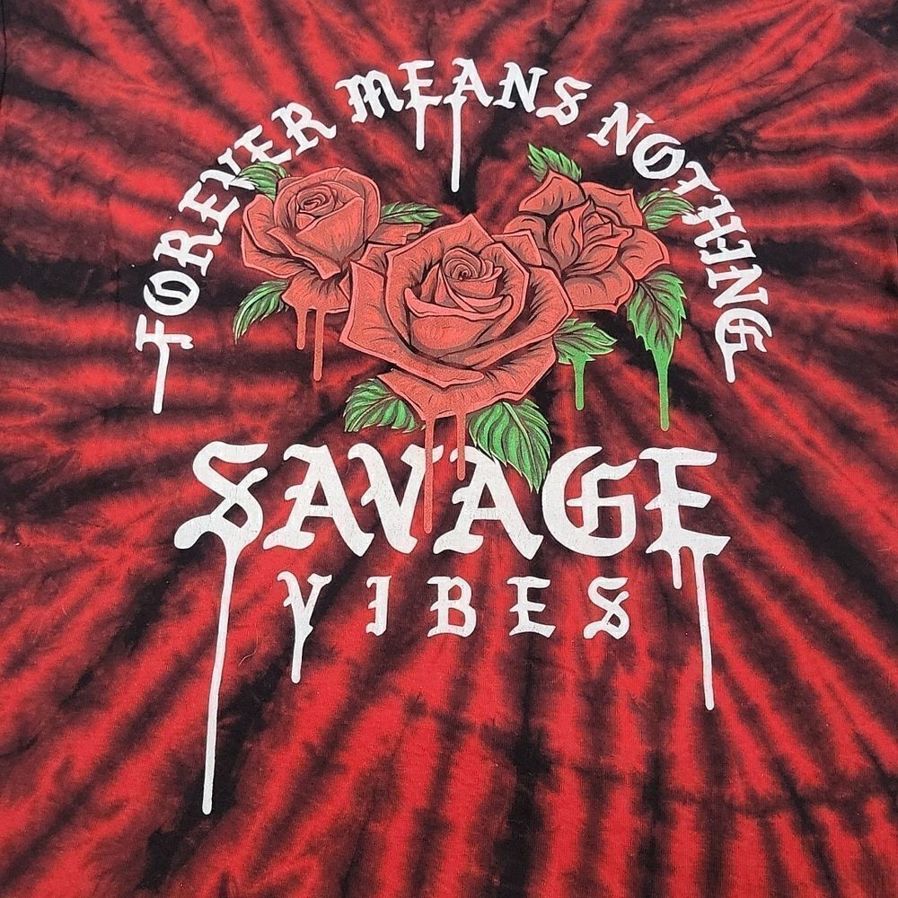 forever Means Nothing Savage Vibes Reverse Red Tie Dye on Black Tee Shirt